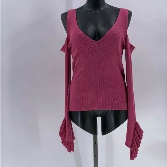 EXPRESS Ruffle Bell Sleeve Cold-shoulder sweater - Picture 1 of 3